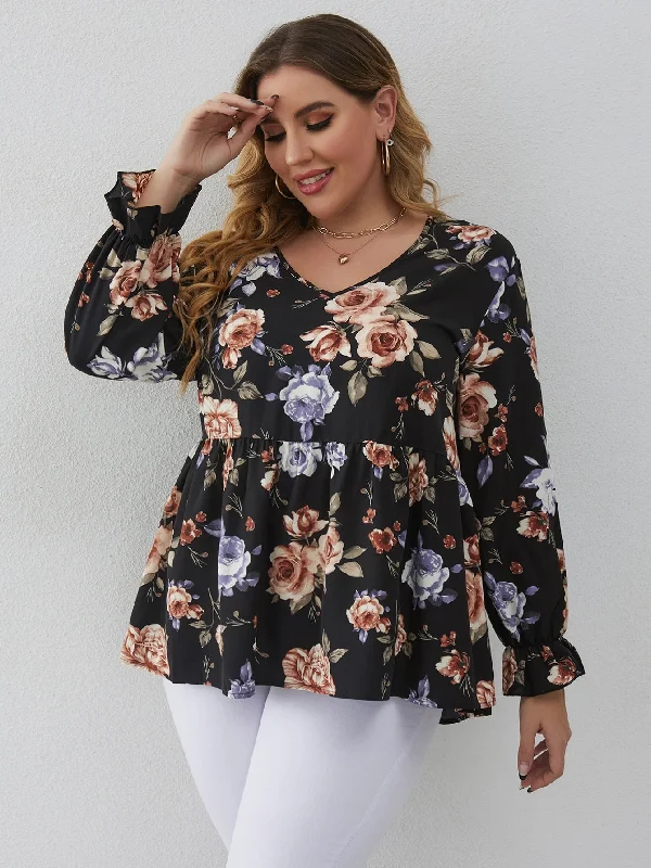 New Markdowns Floral Ruffle Long Sleeve V Neck Flared Long Plus Size Blouse