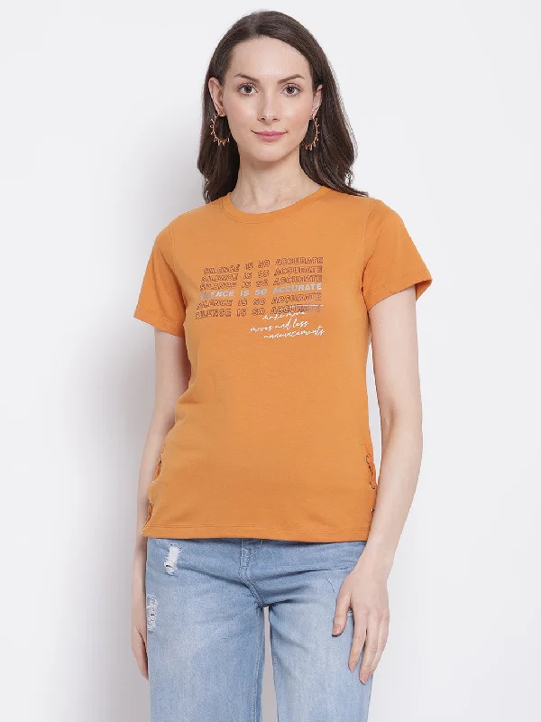 Special Buy Women's Casual Regular Short Sleeve Mustard Round neck Typographic Print T-Shirt