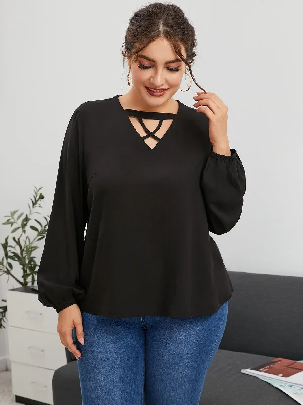 Quick Sale Plain Cut Out Long Sleeve Keyhole Neckline Regular Plus Size Blouse