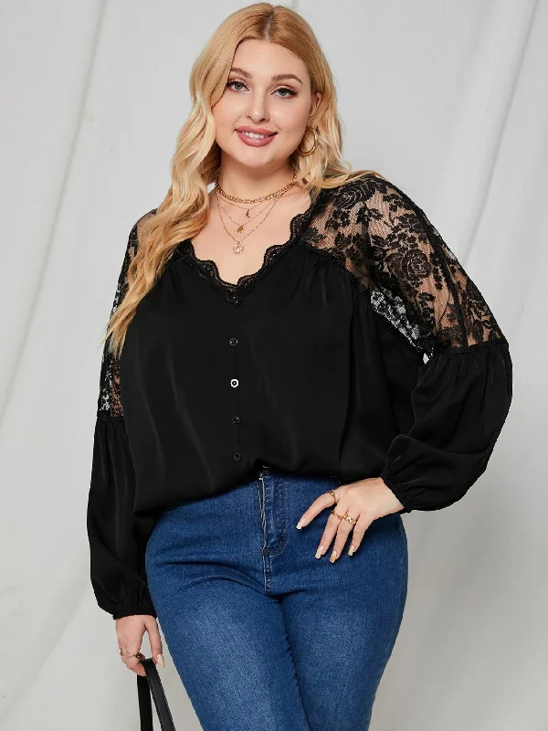 Special Discount Plain Button Front Long Sleeve V Neck Regular Plus Size Blouse
